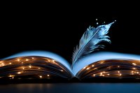 Glowing open book with magical blue feather quill floating above illuminated pages against dark background, creating mystical literary atmosphere.
