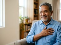 Middle-aged man with gray hair and facial hair, wearing light blue button-up shirt, hand on chest in grateful gesture, sitting indoors with warm home interior background.