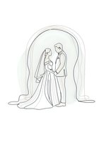 Minimalist line art of bride and groom in wedding ceremony moment, continuous single line drawing style for romantic invitations and decor.
