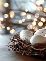 Speckled white eggs nestled in rustic twig nest with soft golden bokeh lights creating magical holiday atmosphere, perfect for Easter and spring celebrations.