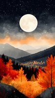 Full moon over mountain landscape with autumn forest in vibrant orange and red colors, distant city skyline glowing at night among stars and misty atmosphere.