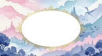 Fairy tale landscape frame with castle silhouettes and flying birds in pastel watercolor style for invitations and greeting cards.