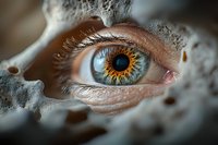Extreme macro photography of mesmerizing amber and blue human eye peering through textured white surface, showcasing intricate iris details and long eyelashes.