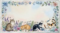 Watercolor floral border frame with cute cats sleeping among lavender flowers and paw prints on soft pastel background for pet lover designs.