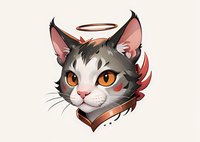 Angelic cat portrait with orange eyes and halo, gray and white fur in anime style on light background, isolated design element for stickers and merchandise.