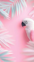 White parrot with palm leaves on pink background, soft pastel colors create dreamy tropical mood. Artistic nature composition for summer designs.
