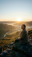 Middle-aged Caucasian man sitting on rocky outcrop overlooking winding river valley at sunrise, wearing casual jacket, contemplating scenic landscape with golden light and rolling hills.