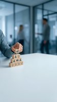 Businessman placing wooden block with gear icon on pyramid stack, representing organizational hierarchy and business growth strategy in modern office environment.