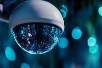 Security surveillance dome camera with glowing blue bokeh lights reflecting on dark background, modern technology monitoring system concept.
