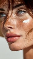 Close-up portrait with freckles, glowing skin, and moisturizer on cheek, showcasing natural beauty and skincare routine.