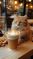 Ginger long-haired cat sitting at cafe table with latte art coffee drink and pastries, warm ambient lighting creates cozy atmosphere for social media and cafe marketing.