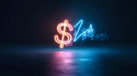 Glowing neon dollar sign and upward arrow chart symbol reflecting on wet surface against dark background with pink and blue lighting effects and smoke.