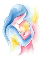 Watercolor mother holding newborn baby in tender embrace with soft pastel colors for motherhood and parenting designs.