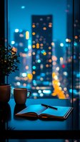 Cozy evening workspace with open notebook and coffee cup against blurred city lights backdrop in blue tones, creating peaceful urban ambiance.