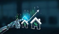 Robotic hand pointing at glowing house icons with rising percentage arrows showing real estate market growth and property investment analytics.