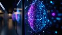 Glowing digital sphere with connected dots and lines in purple and blue neon colors against dark background, representing network connectivity and artificial intelligence.