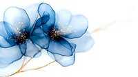 Delicate blue translucent flowers with golden stems on white background, watercolor style botanical art for wedding invitations and feminine designs.