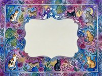 Decorative floral frame with cats, butterflies and celestial elements on purple background with blank center space for text or design.