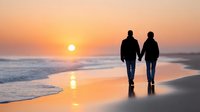 Romantic couple silhouettes holding hands walking on beach at sunset with golden sky and ocean waves reflecting warm light on sand creating peaceful moment.