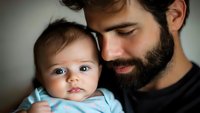 Tender moment between bearded father and baby in light blue outfit against dark background, intimate close-up portrait showing emotional connection and parental love.