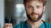 Young male medical professional in scrubs with blue eyes and full beard holding surgical instrument, displaying confident and friendly expression in hospital setting.