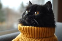 Black cat wearing a golden yellow knit sweater, sitting by a window with blurred outdoor background. Cozy autumn pet portrait.