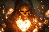 Glowing skull with fiery heart shape, surrounded by burning embers and ice crystals against dark background creating dramatic fantasy atmosphere.