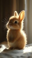 Adorable golden bunny rabbit with backlit fur creating magical glow effect, sitting upright on soft fabric. Sweet expression and perked ears capture innocent charm.