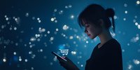 Young Asian woman using smartphone with glowing shopping cart icon against blurred city lights at night, representing online mobile shopping experience.