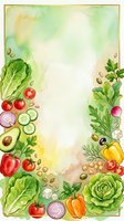 Watercolor vegetable frame with fresh produce border, lettuce, tomatoes, cucumbers, avocado, radish, bell peppers and herbs on cream background. Isolated design for recipe cards, menus, cooking blogs.