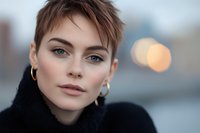 Portrait of a young woman with short brown hair and fair complexion wearing a black coat against an urban blurred background with bokeh lights.