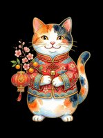 Cute calico cat in traditional Chinese festive outfit holding a lantern and cherry blossoms, isolated on transparent background, for T-shirts, stickers, clipart.