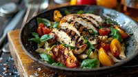 Grilled chicken breast sliced on fresh salad with cherry tomatoes, mixed greens and balsamic glaze served in rustic ceramic plate on wooden board.