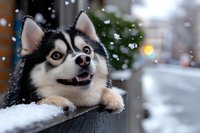 Adorable husky puppy with blue eyes peeking from car window during winter snowfall, expressing joy and excitement for holiday adventures.
