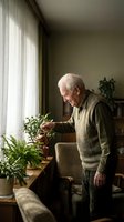 Senior Caucasian man in knit sweater tending to houseplants by window in cozy living room. Retirement hobby and indoor gardening lifestyle concept.