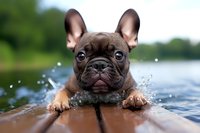 Brown French Bulldog puppy swimming in lake, front paws on wooden dock, ears perked up with determined expression on summer day.