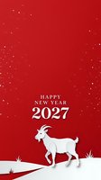 Festive New Year 2027 greeting card featuring white goat silhouette on red background with falling snow and sparkles, suitable for holiday celebrations and seasonal marketing campaigns.