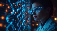 Young Asian female scientist in lab coat and futuristic glasses observing glowing DNA helix structure against dark background with bokeh lights and blue illumination.