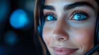 Young woman with glowing blue eyes and gentle smile in dark atmospheric lighting with bokeh effects, dramatic close-up portrait showing flawless skin and defined features.