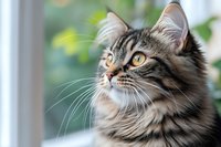 Portrait of majestic long-haired tabby cat with amber eyes gazing upward near window in soft natural lighting, showing detailed fur texture and whiskers.