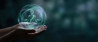Hands holding glowing holographic sphere with meditation figure inside representing mindfulness, wellness technology and mental health innovation.