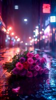 Pink and purple roses lying on wet city street at night with romantic bokeh lights and rain, creating moody atmospheric urban scene with neon reflections.