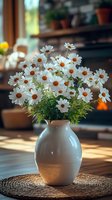 Fresh white daisies in ceramic vase on woven placemat, sunlit window background creates warm atmosphere, natural morning light casting soft shadows.