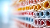 Macro view of colorful honeycomb-like cellular structure showing intricate patterns and layers with selective focus creating depth and abstract scientific background.