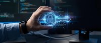 Businessman hand protecting glowing digital padlock icon with network connections representing cybersecurity data protection and privacy technology.