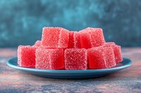 Red sugar coated jelly candy cubes arranged on blue ceramic plate against dark textured background, selective focus on sweet dessert confectionery.
