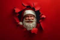 Cheerful Santa Claus peering through torn red paper hole, wearing traditional white beard and hat, creating playful breakthrough effect for holiday designs.