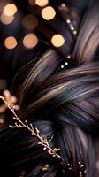Luxurious dark hair with golden hair accessory against blurred bokeh lights background, close-up macro shot showing silky texture and shine for beauty and fashion.