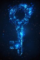 Glowing blue key formed by connected dots and lines on dark background with bokeh effect and particles, representing digital security and access control.
