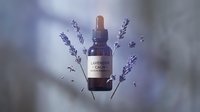 Lavender essential oil bottle with dried purple flowers on soft blurred background for aromatherapy wellness spa and natural skincare products.